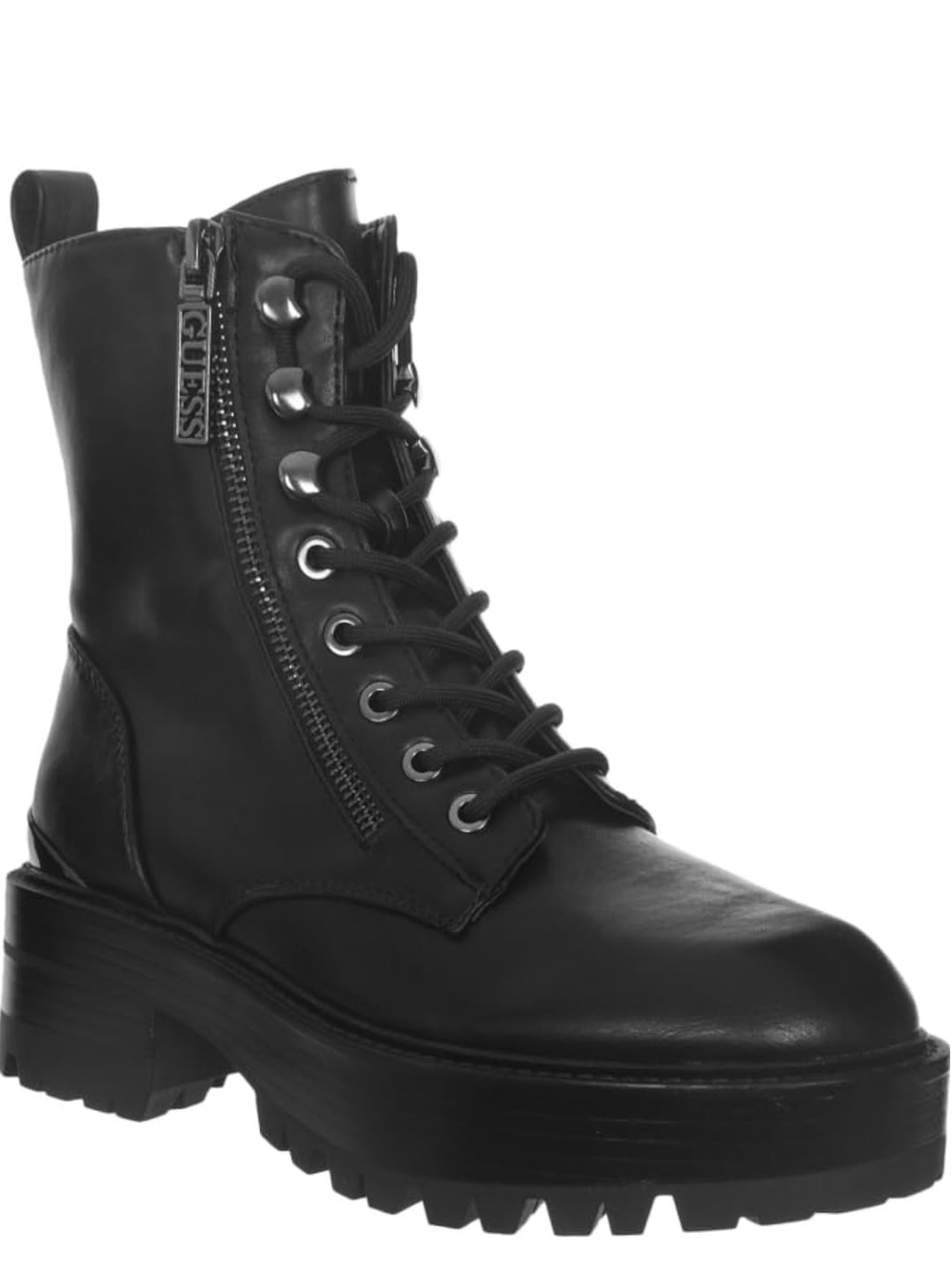 NWT! Guess Ferina Vegan BLACK Leather Lace-Up Lug Sole Combat Boots Size 8.5